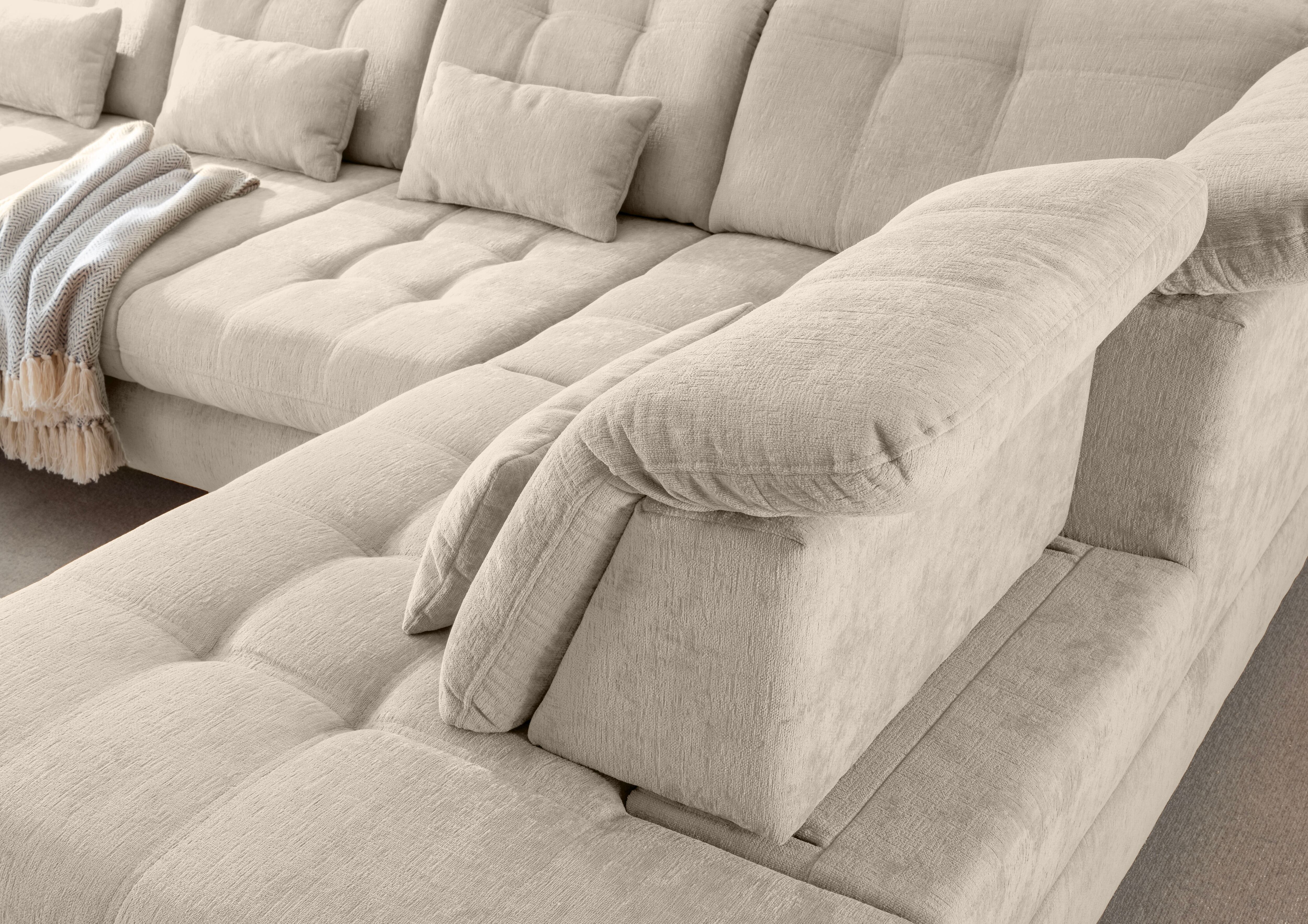 Ecksofa HOME AFFAIRE "Delphino, Multifunktionen, 358 x 216 cm, modern & bequem", beige, B:358cm T:216cm, 100% Polyester, Sofas, Ecksofa, Microfaser, L-Form, Bettfunktion, Nierenkissen, Verstellungen