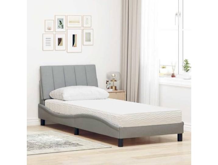 KTHLBRH Bett mit Matratze Hanko hellgrau 90 x 190 cm aus Stoff 22D PU-Schaumstoff, Lattenrost, Kopfteil inklusive, Montage erforderlich