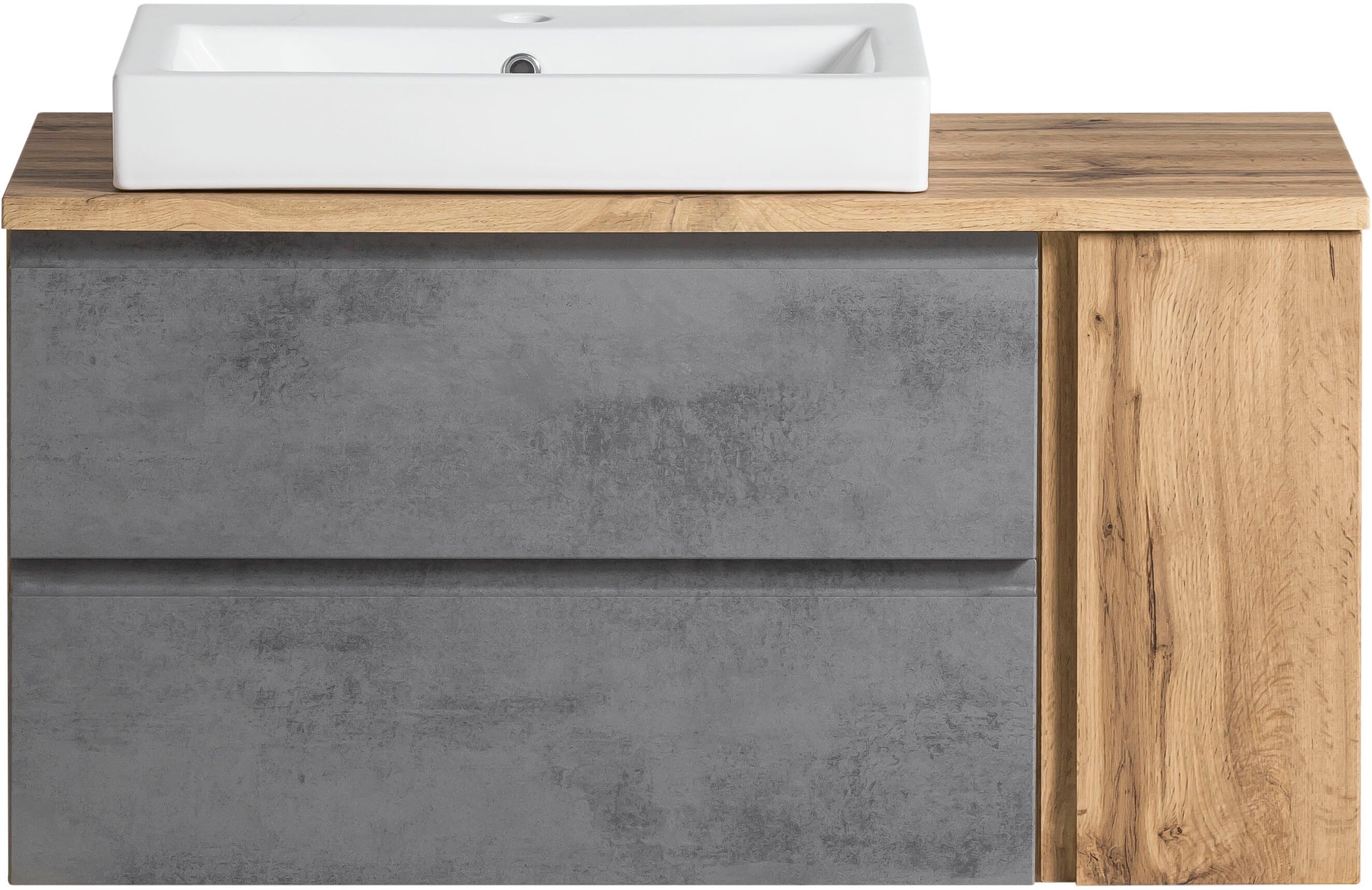 Waschtisch WELLTIME "Sölden", grau (oxidbeton, wotaneiche), B:105cm H:65,5cm T:47cm, Waschtische, Waschtisch oxidbeton, wotaneiche B/H/T: 105cm x 65,5cm x 47cm