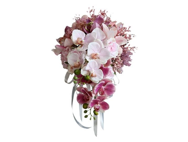 Goutte d'eau main tenant simulation bouquet mariée photographie de mariage rose Phalaenopsis fleur de soie maison salon comptoir di