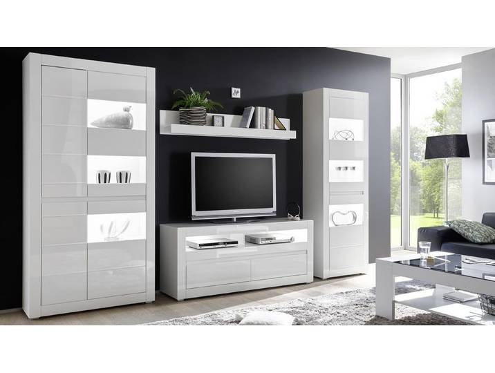 Möbel Akut Wohnwand Wohnwand 2 Carat Anbauwand Wohnzimmer weiß Hochglanz, (4-St)