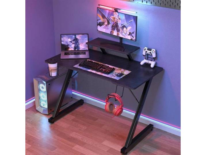 Bureau Gamer PIPIPOXER Bureau Gaming pour PC Informatique 100x55x75-95cm Fibre de Carbone Bureau en Forme Z