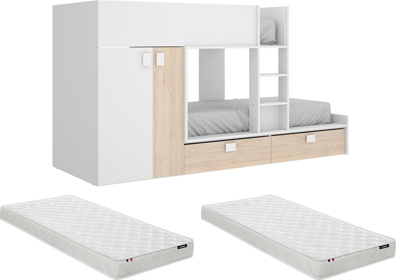 Etagenbett mit Kleiderschrank + Matratzen - 2x 90 x 190 cm - Weiß & Naturfarben - JUANITO