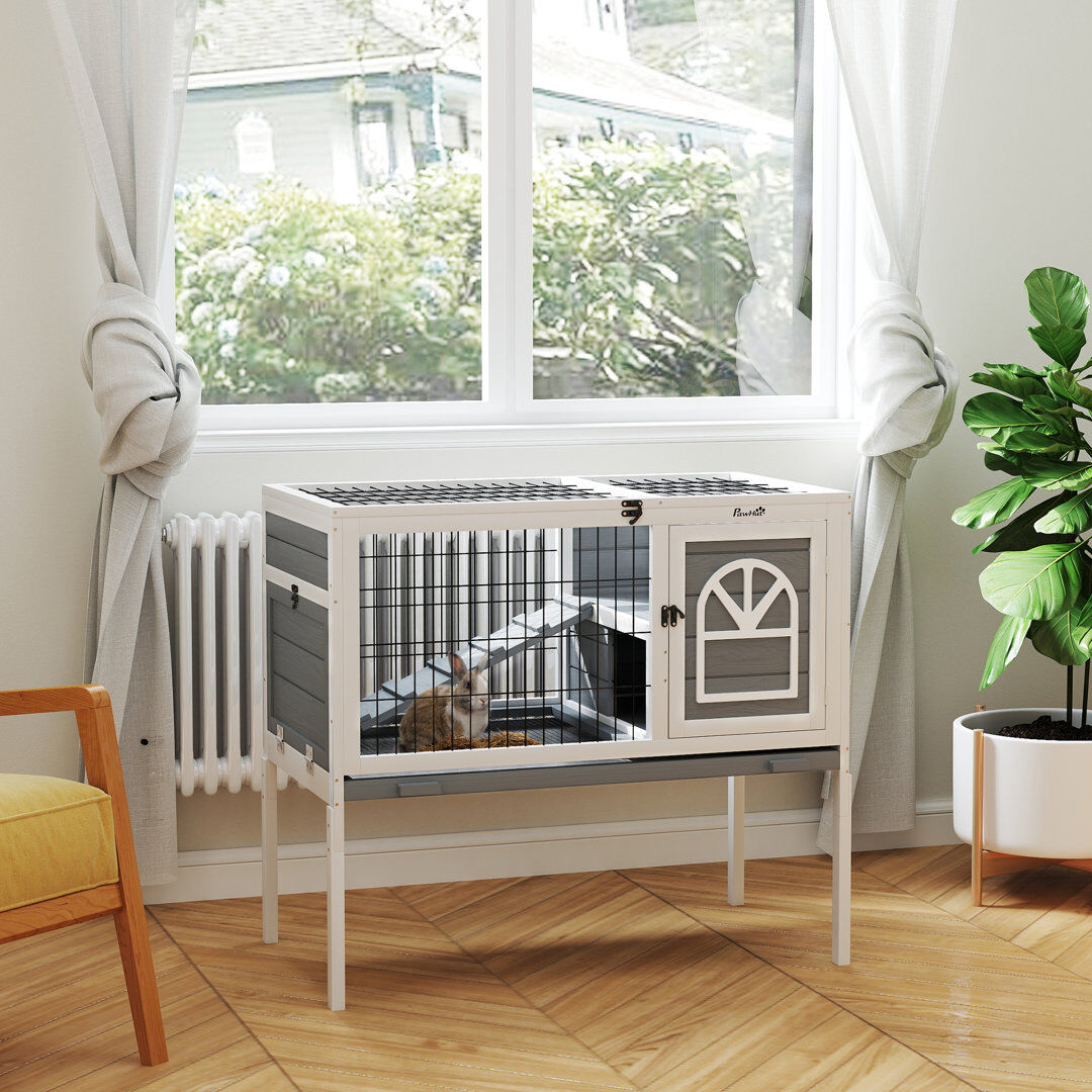PawHut Rabbit Hutch Elevated Guinea Pig Cage with Openable Roof & Tray Grey Grey 220.98cm H X 134.62cm W X 228.6cm D