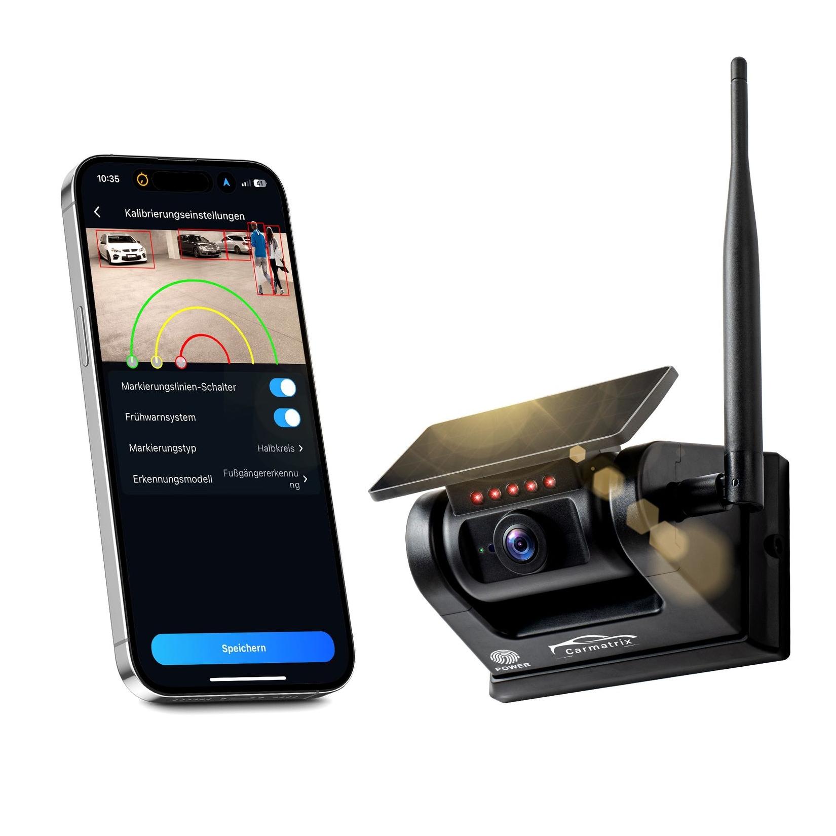 CARMATRIX Funk WLAN Solar Rückfahrkamera mit Magnet KI Personenerkennung mit APP