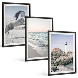 BILDER SET 3er Set - 40x60 cm Schwarzer Rahmen - Pferde, Strand, Leuchtturm, Wellen
