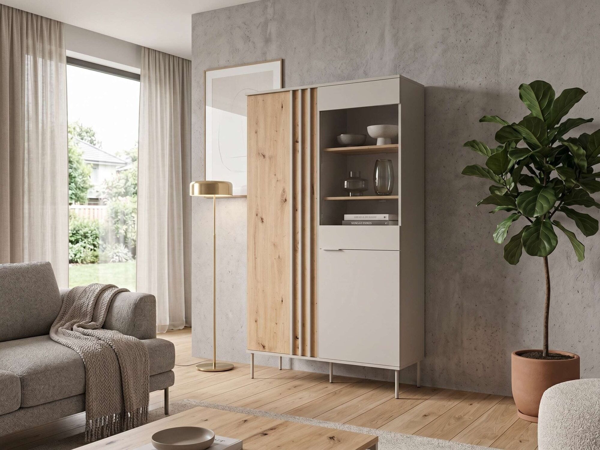 Vitrine GOODPRODUCT "AAELIN Vitrineschrank mit/ohne Beleuchtung, verglast, viel Stauraum", grau (cashmere beige, artisan eiche), B:110cm H:195cm T:40cm, FSC-zertifizierter Holzwerkstoff, Glas, MDF, Schränke, Vitrine, Standvitrine/Glasvitrine mit 2 Türen, 