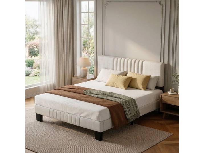 Lit Double 140x190cm -YIDATONG- Lit rembourré -Lit pour adulte à dossier moelleux -Tête de Lit Réglable -Lin-Beige
