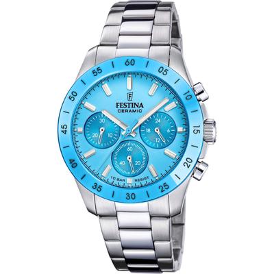 Chronograph FESTINA "Ceramic", silber (silberfarben, hellblau), Armbanduhren, Damen, Chronograph, Quarzuhr, Armbanduhr, Damen, Herren, Edelstahlarmband, Keramiklünette