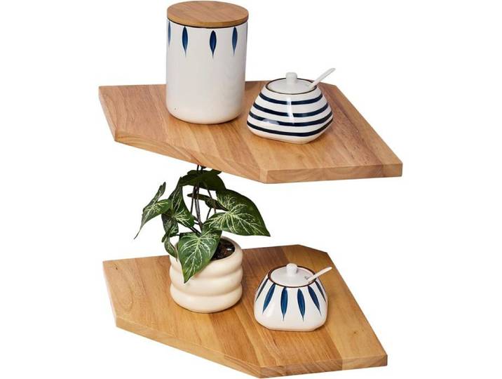 Lot De 2 Étagères D'Angle Flottantes En Bois De Chêne Massif Blanc Avec Trou Métallique Pour Petites Plantes Pour Cuisine Sa[BI231]