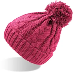 Atlantis Damen Strickmütze mit Zopfmuster Bommel-Mütze VOGU fuchsia one size