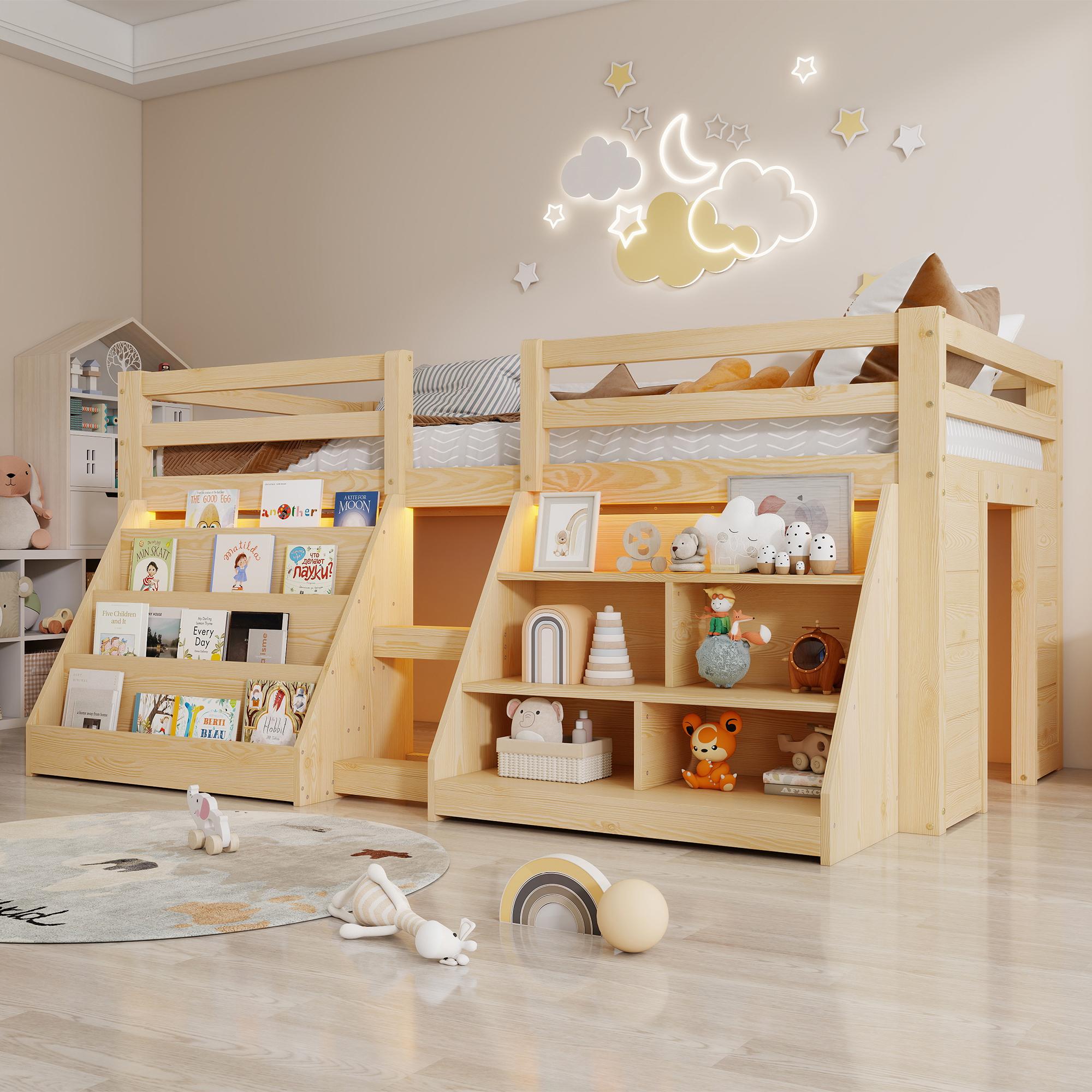 Merax Etagenbett Halbhohes Bett 90x200cm, mit LED-Beleuchtung, Bücherregal, Regale, Geländer, Kiefer, Kinderbett, Hochbett, Jugendbett, Natur