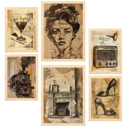 POSTER Set Mit 6 Vintage Life Wein Zehenschuhe Radio Frau A3 & A4 Rahmen Aus Hellem Holz