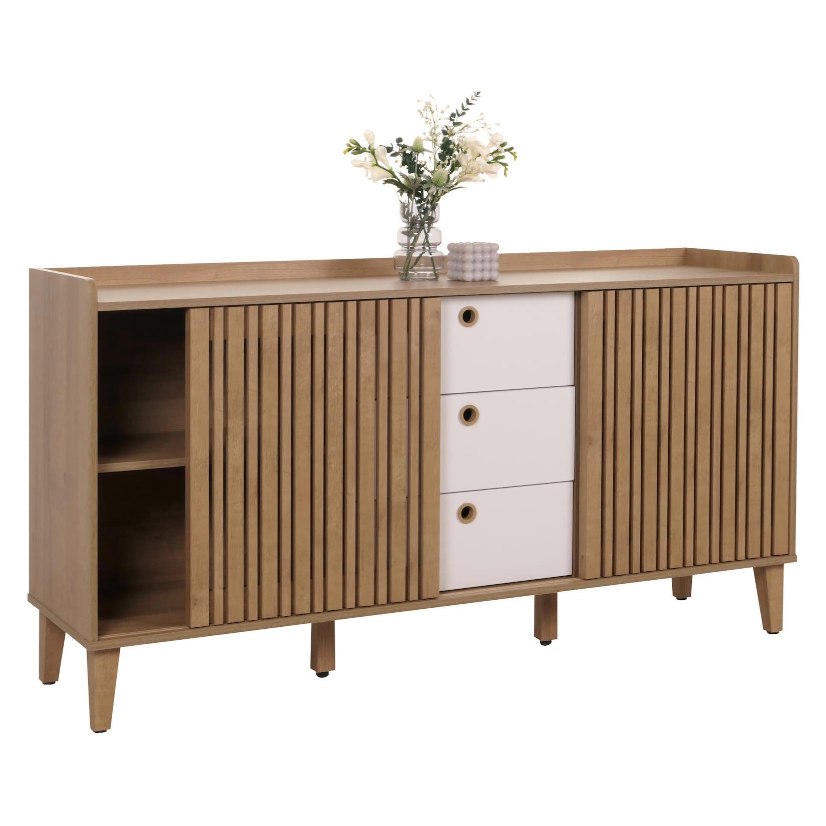 Sideboard MCW-M48, Kommode, Schiebetür Staufach, MDF 81x150x40cm ~ natur, Schubladen weiß