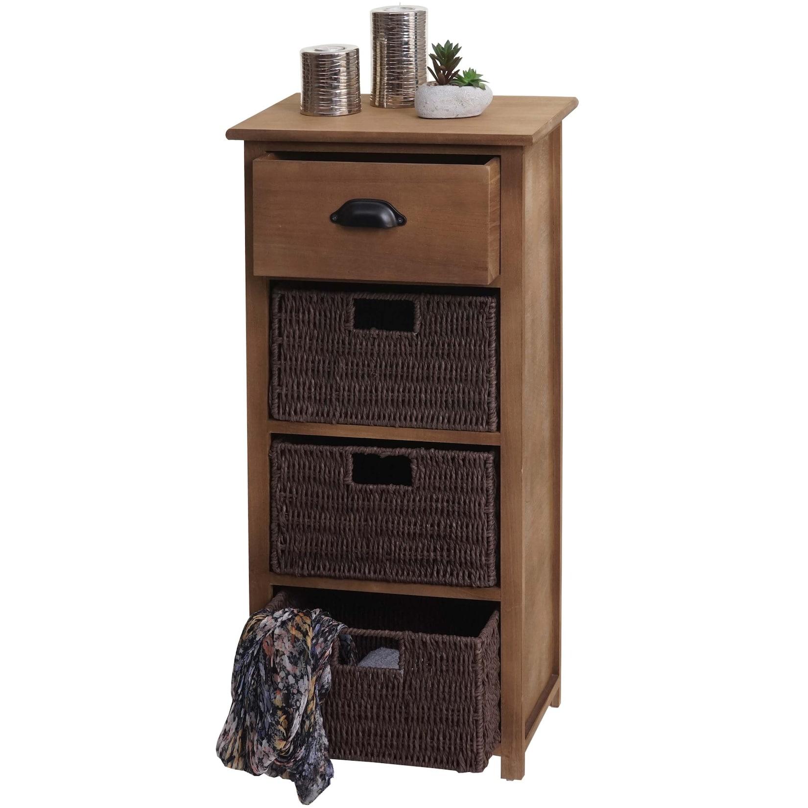 Kommode MCW-K84 mit Körben, Schrank Schubladenschrank, Holz 83x40x29cm ~ dunkelbraun, Körbe dunkelbraun