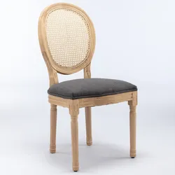 Merax Esszimmerstuhl 2er Set, Massivholz Stuhl französischer Stil, Rattan Rückenlehne, Stoff Leinenoptik, Polsterstuhl, Naturholz & Grau