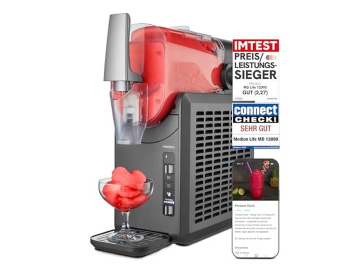 MEDION Slush Maschine (2,6 Liter Slush-Eis Kapazität, 1,9 Liter Fassungsvermögen, Slush Ice Maker für Getränke, 5 Getränkemodi, 30-60 Minuten Zubereitungszeit, Kompressor, Slush Eis Maschine, MD12090)
