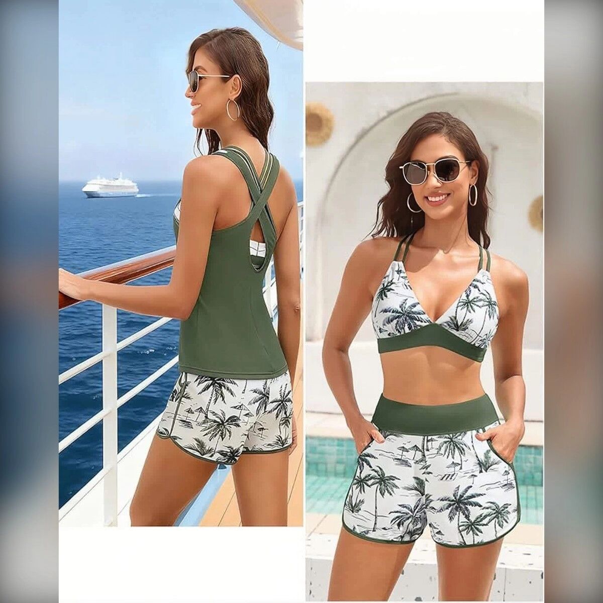 INF 3-teiliges, gepolstertes bügelloses Sport-Bademode-Set mit Cross-Back und Boyshorts mit Tasche, Polyester, Mehrfarbig L
