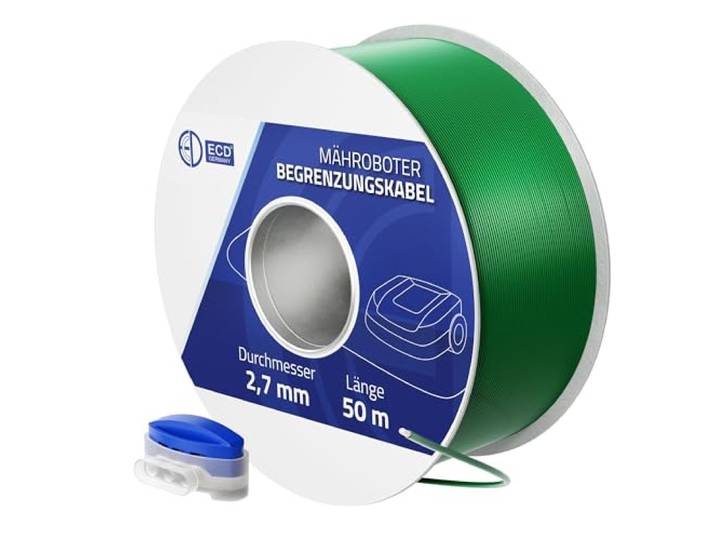 ECD Germany 50m universele grensdraad voor robotmaaiers, 12 kabelconnectors, Ø2.7mm, vertind koper, grensdraad voor robotmaaiers, compatibel met Gardena Bosch Husqvarna Worx Honda