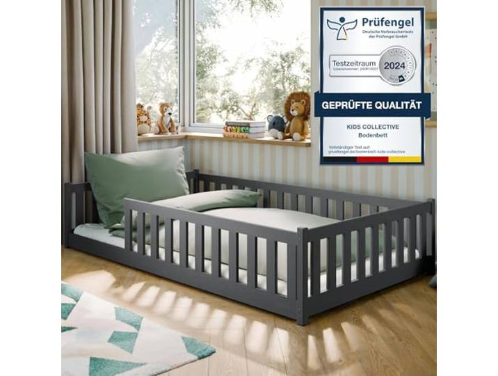Kids Collective Montessori-Bodenbett 120x200 cm, Graphit, Rausfallschutz Lattenrost inklusive, Matratze optional, für Kinder und Jugendliche