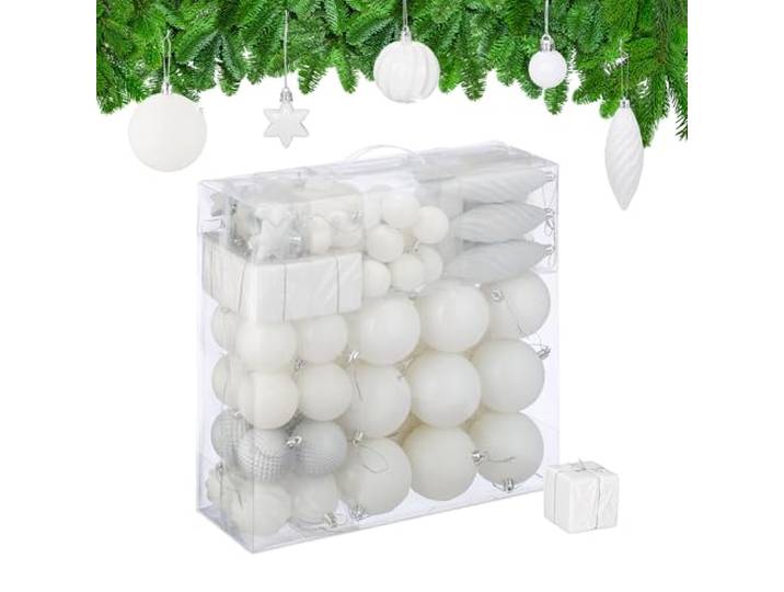 Relaxdays Boules de Noël\, Lot de 110\, en Plastique\, D : 6 cm\, décoration de Sapin\, avec Guirlande\, Blanches