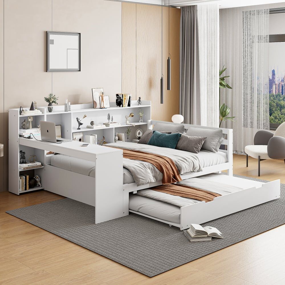 OKWISH Lit multifonction en pin blanc avec lit gigogne 140 x 200 cm Blanc 246x100x165cm