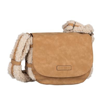 Umhängetasche TOM TAILOR "Neela", Damen, Gr. B/H/T: 25,5cm x 19cm x 7cm, beige (camelfarben), Lederimitat, clean, gepflegt, unifarben, Taschen Umhängetasche, Damen Schultertasche, frischer Look mit kuschelige Fellimitatbesatz