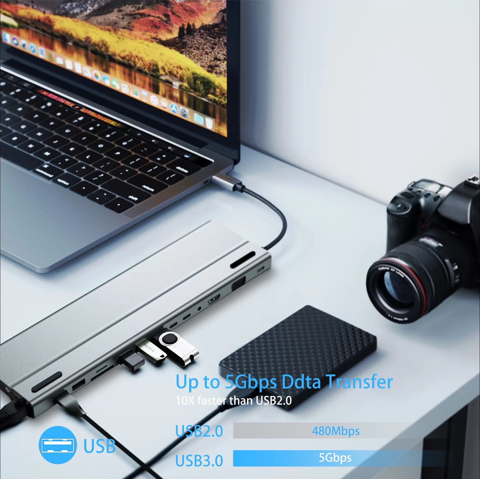 INF 14-in-1 USB-C Hub Multiport-Adapter mit HDMI, VGA, Ethernet, SD/TF-Kartenleser