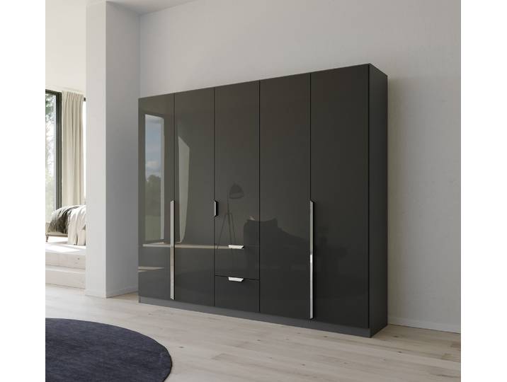 Kleiderschrank Drehtürenschrank Glamour , 5-türig , mit Schubkästen , effektgrau Hochglanz / grau metallic , 226x210