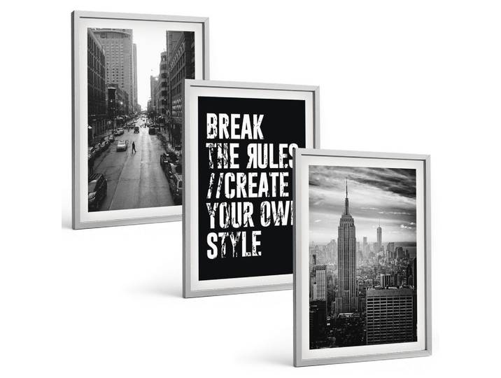 BILDER SET 3er Set - 40x60 cm Silberner Rahmen - Inspiration für Schwarz-Weiß-Darstellungen von Stadtstraßen