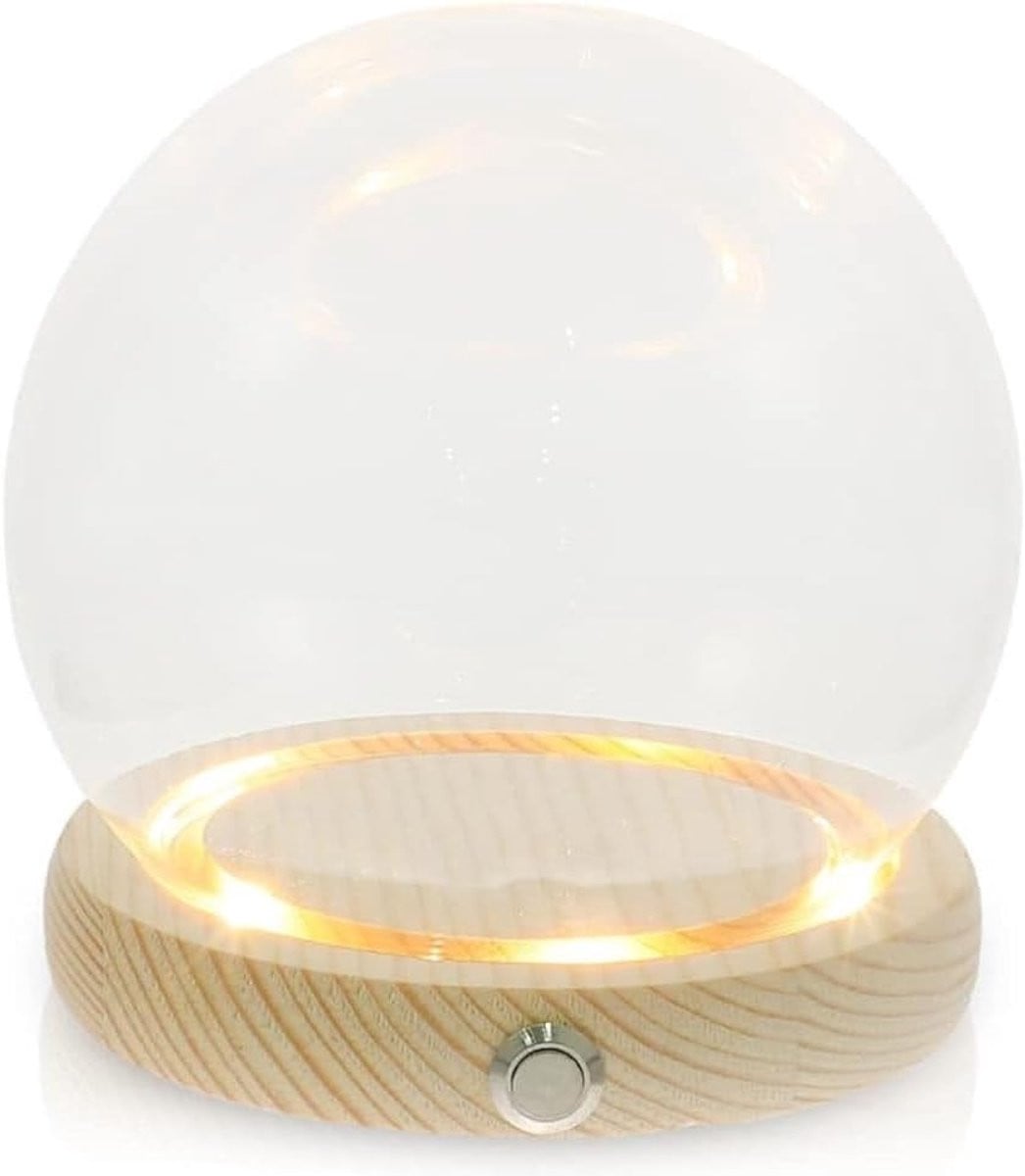 Glazen Stolp met Verlichte Basis en Houtkleur - Decoratieve Display Koepel - 20 cm