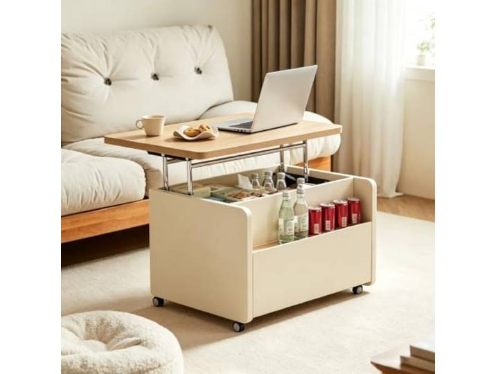 TgrGiEDenLO Moderner kompakter Couchtisch, höhenverstellbar mit Stauraum Anhebbare Tischplatte, verdeckter Stauraum, leichtlaufende Rollen, platzsparend, Wohnzimmer & gehobene Innenräume
