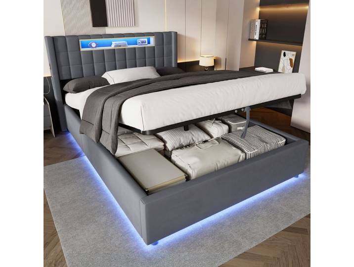 HOMVRA Lit Coffre Adulte 140x200 cm - Lit Adulte avec LED et Fonction de Charge - Velours Gris - Sans Matelas