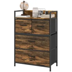 OKWISH Kommode Sideboard 60x29x85 cm im Industriestil mit 4 faltbaren Stoffschubladen und oberer Ablage Stahlrahmen verstellbare Füße Rustikalbraun