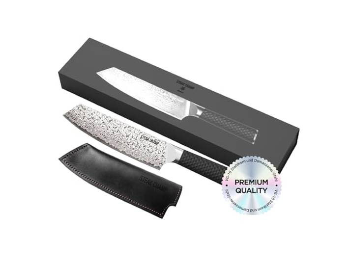 Steakchamp Damast Kochmesser WAGYU: VG-10 Stahlkern, 67 Lagen Stahl, Rutschfester Griff, Präzise Schnitte für Fleisch, Fisch & Gemüse, Japanisches Design, inkl. Messerscheide & Geschenkbox, 33 cm