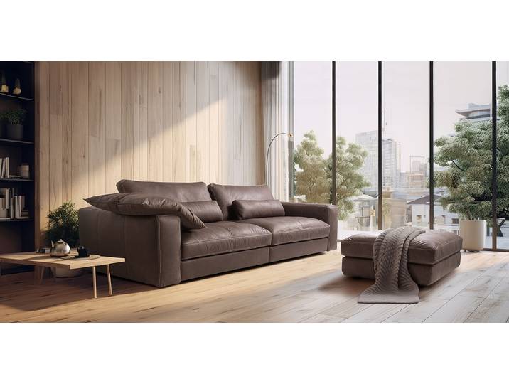 Big-Sofa Braun Echtleder Nelja 300cm 2 Kissen Modern
