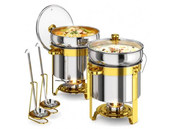EffiQ-Rate 2 Stück Suppenwärmer Set 11L Chafing Dish Rund mit Glasdeckel Edelstahl, Große Kapazität, Komplettes Set, Bain-Marie Heizung, Warm & Frisch Halten, für Suppe, Party, Hochzeit, Catering