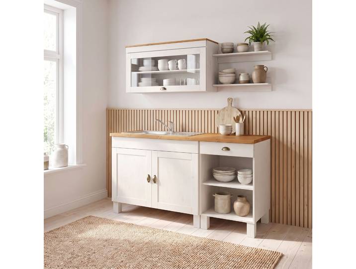 Pantryküche HOME AFFAIRE Oslo , weiß (küche: weiß, korpus: weiß, arbeitsplatte: honigfarben), B:150cm T:60cm, Komplettküchen-Sets, Pantryküche, Breite 150 cm, Arbeitsplatte 35mm stark, ohne E-Geräte