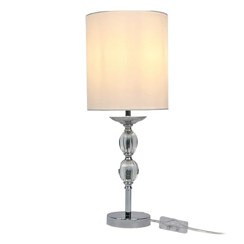 Relaxdays Tafellamp met glazen voet en stoffen kap, wit-zilver
