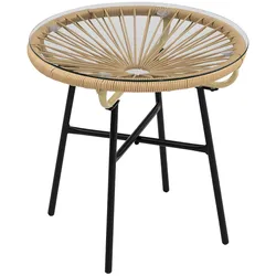 OKWISH Beistelltisch für den Außenbereich aus PE-Rattan in Beige, rund mit Glasplatte, 50x50x50 cm, pflegeleicht