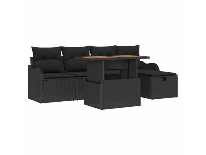 KTHLBRH Gartenmöbel-Set aus Polyrattan, 6-teilig, Schwarz Modulare Sessel, höhenverstellbarer Tisch, lackierter Stahl, Tischplatte aus Akazienholz, abnehmbare Kissen