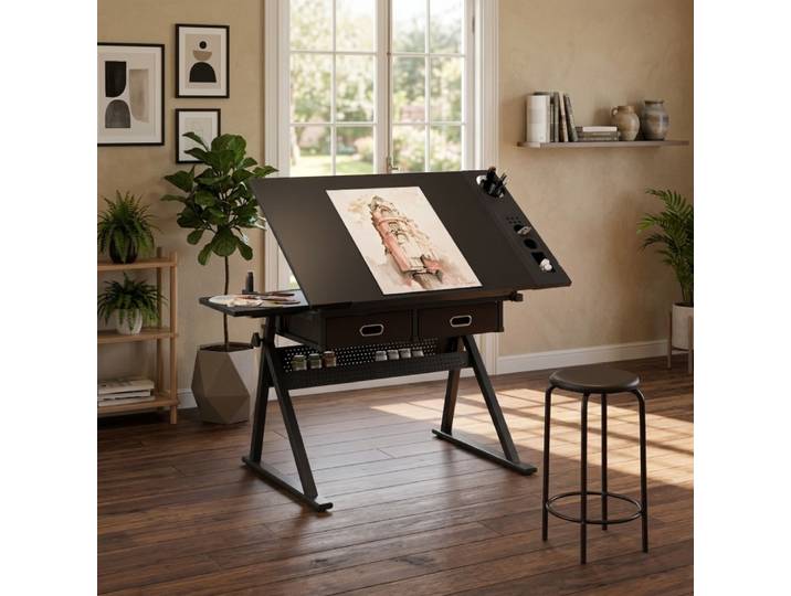Table de dessin réglable avec 2 tiroirs, bureau de dessin à hauteur réglable avec tabouret pour la maison, le bureau, l'école, l'atelier d'art, le dessin, l'écriture, la conception et le travail