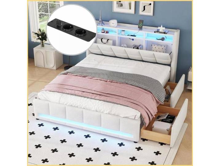 Bett à capitonne 140x200 cm sans matelas - LED APP + USB + tiroirs + rangement - Lin Beige