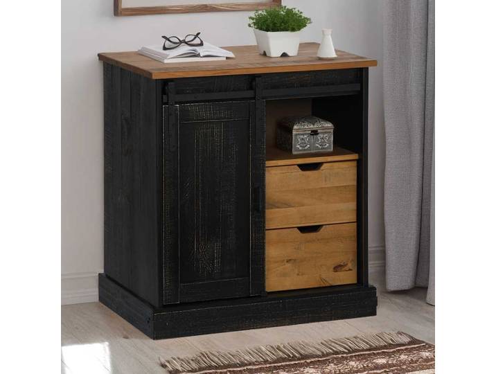 vidaXL Sideboard HALDEN mit Schiebetür Schwarz 80x40x80 cm Massivholz