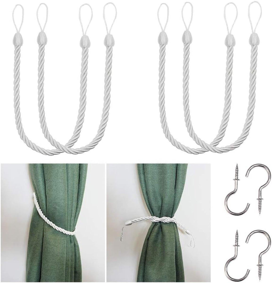 Set van 4 handgeweven polyester gordijn tiebacks in wit