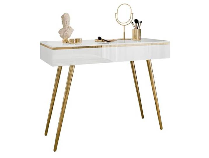 Lookway Konsole Aurora-S Weiß Hochglanz mit Schubladen, Goldene Chrombeine, Modernes Design – Schminktisch oder Elegante Ablage