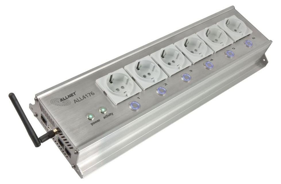 ALLNET MSR IO centrale verdeelstrip met 6 stopcontacten en meetapparaat, geschikt voor desktop en 19-inch montage, ALL4176v3