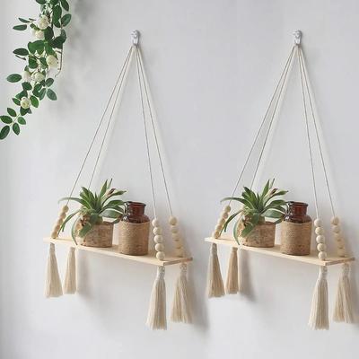 Inspired Living Boho Macrame Wall Hanging Shelf Floating Wooden Decor Shelf For Bedroom & Living Room tk m01526