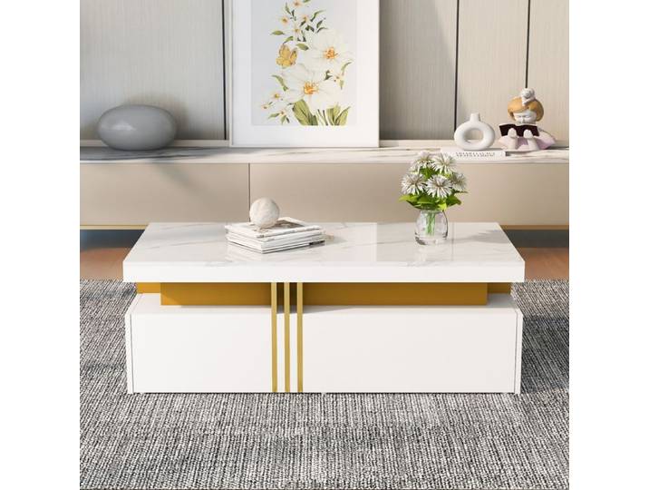Table Basse Rectangulaire - 2 Tiroirs en Bois - Finition Marbre Brillant - Bordure Dorée - 100x50x40 cm