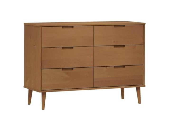 RJPLMFV Kommode E aus massivem Kiefernholz, Braun, 6 Schubladen, 113 x 40 x Skandinavisches Möbelstück, geräumige Aufbewahrung, dekoratives Tablett, UV-Lack-Finish, Wandbefestigung inklusive